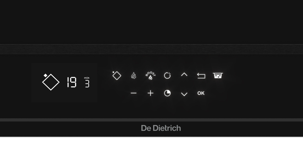 Detail bílého LCD displeje indukční desky De Dietrich DPI4932B